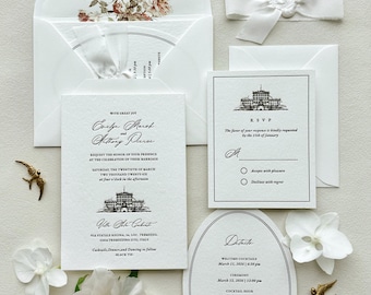 Letterpress Wedding Invitation Suite | White Cotton Paper, Black Tie Villa Design, Wax Seal