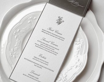 Luxury Gray Wedding Menu and Place Card Set, Personalized Letterpress Menu Cards, Minimalist Wedding Table Decor with Wax Seal