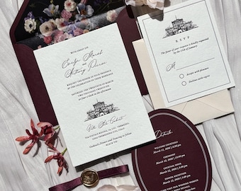 Timeless  Letterpress Wedding Invitation Suite | Luxury Vintage Debossed with Burgundy Ribbon & Wax Seal
