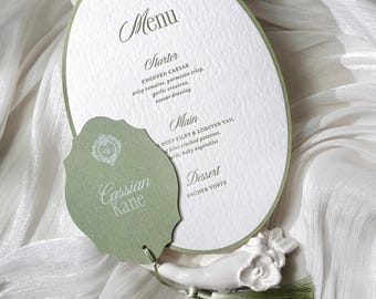 Spersonalizowane owalne menu weselne i winietka z nadrukiem wypukłym, zestaw z oliwkowo-zielonego papieru bawełnianego
