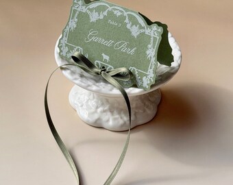 Olive Green Wedding Place Cards, Personalized Die Cut Escort Cards with Ribbon, Rococo Garden Wedding Table Decor, Custom Guest Name Cards