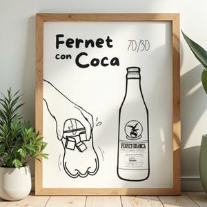 May include: Black and white illustration of a cocktail recipe, "Fernet con Coca," with a bottle of Fernet-Branca and a hand adding ice cubes. The image is framed in a light wood frame.