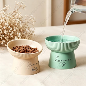 Personalized Elevated Cat Bowl, Ribbed Pedestal Kitten Feeder, Wide Shallow Cat Bowl, Anti Vomiting Raised Ceramic Feeder, Cat Mom Gift