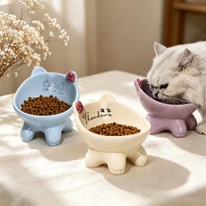 Personalized Ceramic Cat Bowl With A Bow, Custom Name Cat Dish, Tilted Pet Feeder, Protect Cat's Neck, Cat Lover Gift