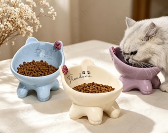 Personalized Ceramic Cat Bowl With A Bow, Custom Name Cat Dish, Tilted Pet Feeder, Protect Cat's Neck, Cat Lover Gift