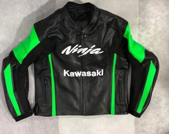 Mens Black Kawasaki Ninja Motorcycle Racing Leather Jacket MotoGp Motorbike Riding Bike Jacket