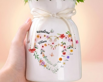 Personalisierte Mama Oma Geburt Blumenvase mit Kindernamen, Herz Blumenvase Geschenk für Mama Nana, Generationen Muttertagsgeschenk
