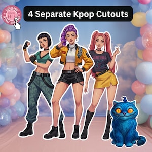 Può includere: Quattro ritagli Kpop separati con tre personaggi illustrati e un gatto blu. I personaggi indossano abiti moderni tra cui un top corto verde con pantaloni cargo, una giacca gialla con pantaloncini neri e una maglietta nera con una gonna gialla.