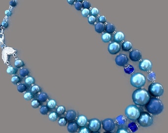 Vintage Retro Blue Beaded Double Strand Necklace