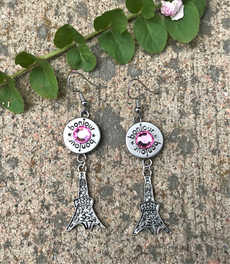 SET \u2013 Cute Paris Blues Eiffel Tower Bonjour Pendant and Earrings