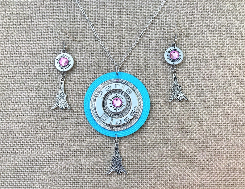 SET \u2013 Cute Paris Blues Eiffel Tower Bonjour Pendant and Earrings