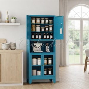 May include: A tall, teal-colored kitchen pantry cabinet with two upper doors and two lower glass-paneled doors. The interior shelves hold various glass jars, a coffee machine, and a small appliance. A metal tag hangs from the right upper door.