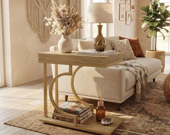 C Table End Table, Gold Metal Frame Side Table, Oak Wood Grain Nightstand for Couch