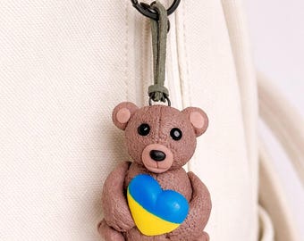 Handmade Polymer Clay Bear Bag Charm – Ukrainian Flag Heart Keychain – Teddy Pendant