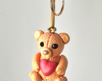 Light Orange Bear Bag Charm, Handmade Polymer Clay Pendant Gift