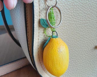 Handmade Polymer Clay Yellow Lemon Bag Charm – Summer Gift