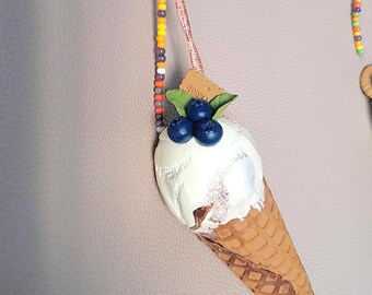 Handmade Ice Cream Cone Pendant, Polymer Clay Charm, Gift for Sweet Lovers