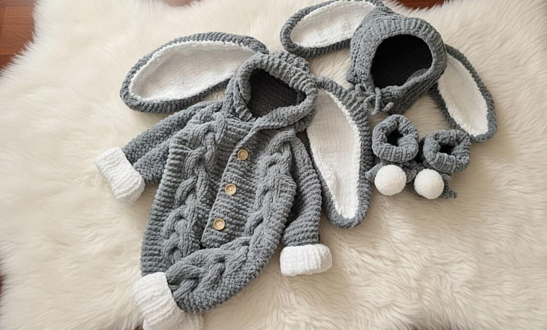 Hand-knitted Baby Romper • Cable Knit Wool Outfit, Rabbit Pattern ...