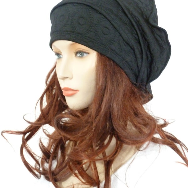 Furchtlos stilvolle hochwertige schwarze Ellipse gesteppte Cloque slouchy Mütze Hut (ideale Chemo Hut)