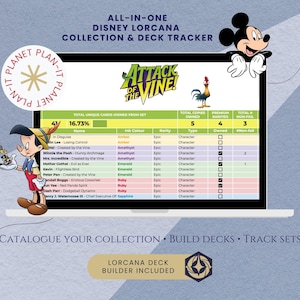 Arkusz kalkulacyjny do śledzenia kart Disney Lorcana | Konstruktor talii | Śledzenie kolekcji | Szablon Arkuszy Google | Atak Winorośli