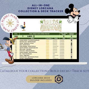 May include: A digital Disney Lorcana collection and deck tracker displayed on a laptop screen. The interface features the Wilds Unknown set, a card list with columns for name, ink color, rarity, type, and ownership checkboxes, plus character graphics.