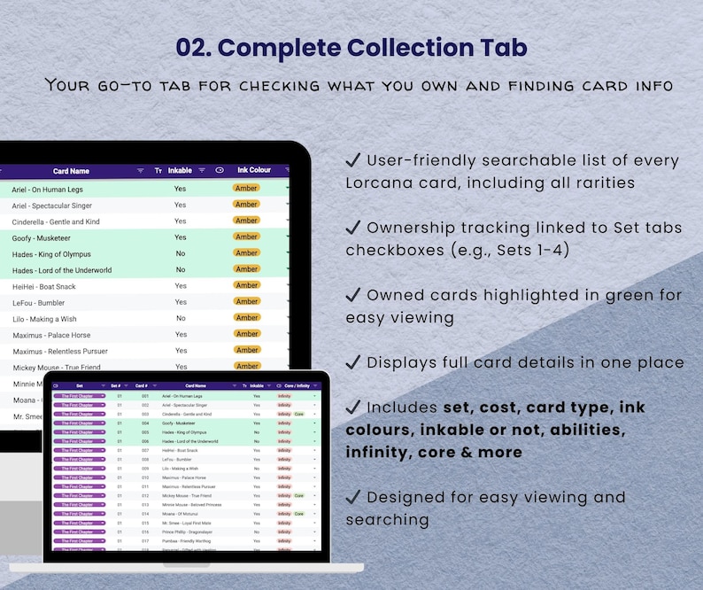 Disney Lorcana Card Tracker Spreadsheet | Deck Builder | Collection ...