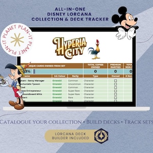 Może przedstawiać: Cyfrowy tracker kolekcji i talii do gry Disney Lorcana wyświetlony na ekranie laptopa. Interfejs zawiera tekst ALL-IN-ONE DISNEY LORCANA COLLECTION & DECK TRACKER, HYPERIA CITY oraz tabelę do śledzenia zestawów kart, rzadkości i stanu posiadania.