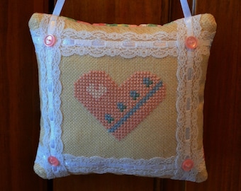 Cross Stitch Heart Wall Hanger Pillow Pinkeep Completed Finished
