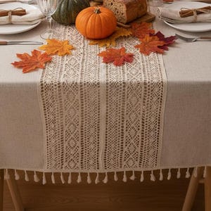 Crochet Tassel Tablecloth | Boho Farmhouse Lace Rectangle Table Cloth for Dining, Wedding & Christmas Decor