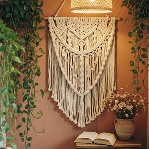 Könnte beinhalten: Ein cremefarbener Makramee-Wandbehang mit geometrischem Design hängt an einer terrakottafarbenen Wand. Der Raum ist mit Hängepflanzen, einem hölzernen Beistelltisch und einer gewebten Lampe dekoriert. Ein offenes Buch und eine Vase mit Blumen stehen auf dem Tisch.