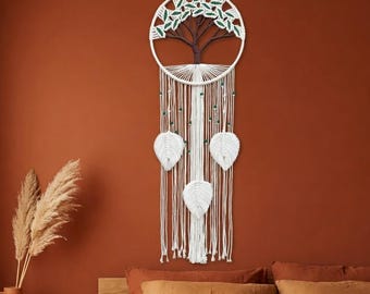 Albero della Vita in macramè da appendere alla parete – Grande arazzo boho con nappe a forma di foglia