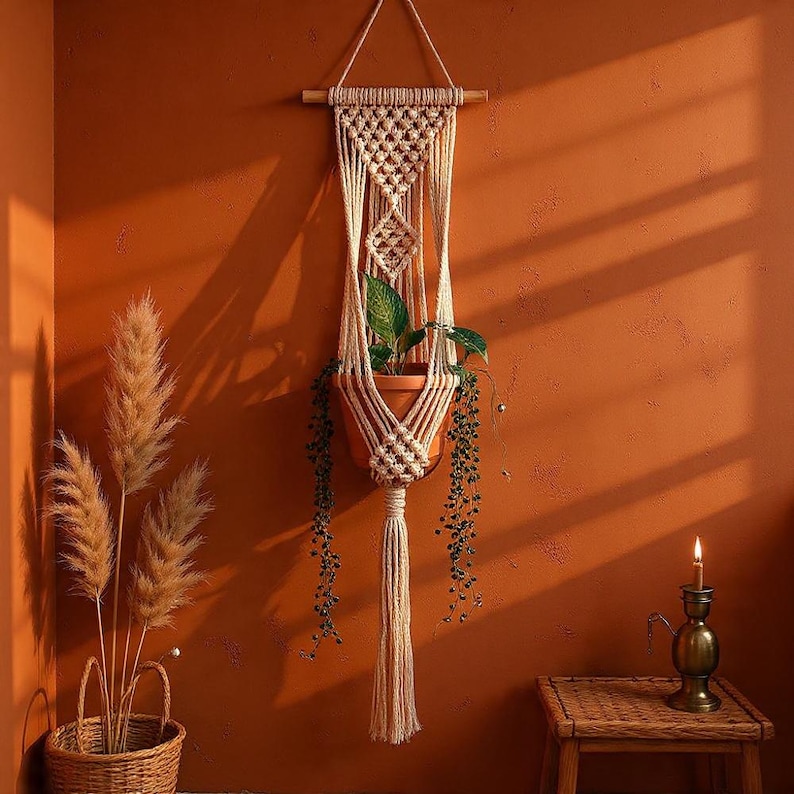 Macrame Wall Hanger | Boho Hanging Planter | Cotton Rope Decor | Bohemian Plant Gift