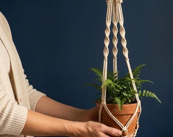 Macrame Plant Hanger Net Basket, Tiered Double Pot Holder, Diamond Lattice Boho Decor
