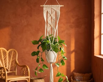 Macrame Plant Hanger Wooden Dowel, Boho Cotton Rope Hanging Planter with Tassels, Wall Decor