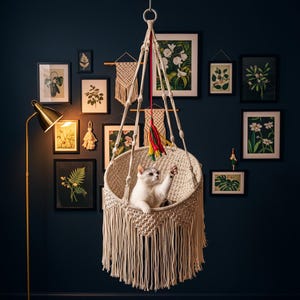 Macrame Cat Bed Hanging Hammock, Boho Cat Nest Cotton Basket, Fringe Pet Swing Gift