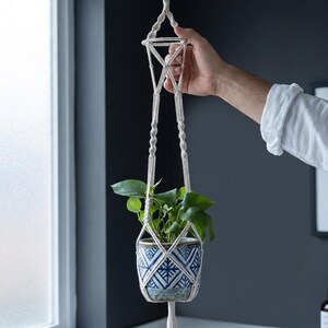 May include: A cream-colored macrame plant hanger featuring intricate knotted patterns and a top loop, holding a ceramic pot with a blue and white geometric pattern containing a green leafy plant with several broad, heart-shaped leaves.