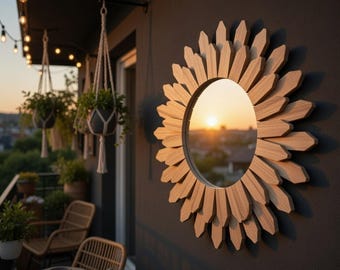 Zonnebloemhouten wandspiegel | Handgemaakte boho-boerderijingang | Nordic Cottagecore-cadeau voor thuis
