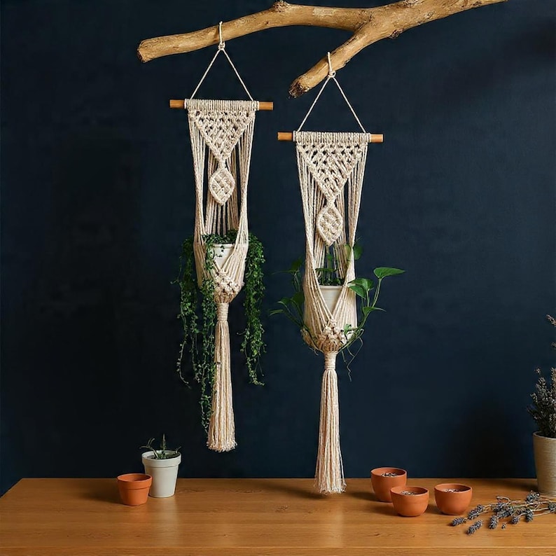 Macrame Wall Hanger | Boho Hanging Planter | Cotton Rope Decor | Bohemian Plant Gift