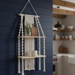 May include: A macrame hanging shelf with two wooden shelves and a decorative woven top. The shelf is suspended by a white rope and is against a dark blue wall. A small cutting board, a glass vase with greenery, and a white mug are on the shelves.