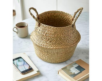 Cesto in erba marina, organizer intrecciato, coprivaso, cesto portabiancheria boho, decorazione naturale
