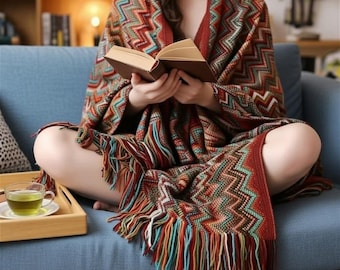 Coperta con frange Boho Chevron / Copridivano con motivo a zigzag / Regalo per la decorazione della casa in stile boho azteco