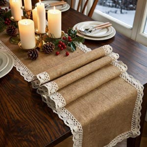 Burlap Table Runner, Natural Jute Farmhouse Decor, Crochet Lace or Tassel Fringe Trim, Wedding