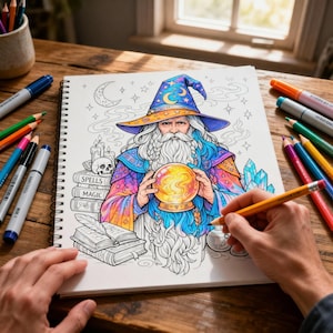 以下が含まれることがあります： 長い白いひげを生やし、クリスタルボールを持つ魔法使いが描かれた、詳細な塗り絵ページ。魔法使いは三日月と星の付いた青い帽子をかぶっています。画像は色鉛筆とマーカーで囲まれており、創造的な活動を示唆しています。