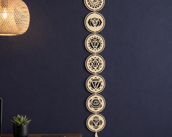 Decorazione da parete con i 7 chakra — Decorazione yoga boho in legno, acchiappasogni con esagramma del loto sacro
