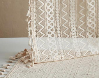 Tenda in pizzo geometrico stile boho, semitrasparente, con nappe, per finestra, stile rustico, camera da letto, cucina