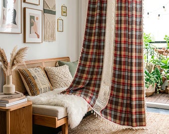Tenda natalizia a quadri Buffalo con nappe, passante per asta in pizzo all'uncinetto, stile rustico boho, semitrasparente