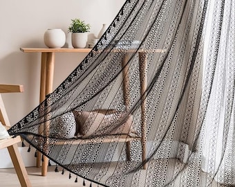 Tenda in pizzo all'uncinetto stile boho, semitrasparente, con nappe, per finestra, stile rustico, camera da letto, cucina