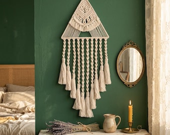 Acchiappasogni triangolare in macramè da appendere alla parete, decorazione geometrica boho con nappe