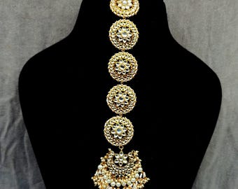 Braut Kundan Passa Maang Tikka mit Perlen – Traditioneller indischer Kopfschmuck
