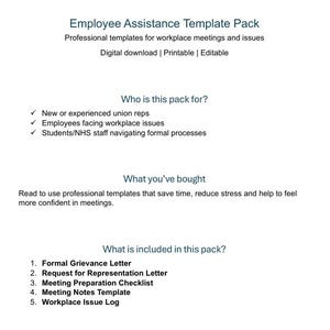 Op de afbeelding: Een wit document getiteld "Employee Assistance Template Pack" met tekst die professionele sjablonen voor vergaderingen en problemen op de werkplek beschrijft. Bevat een lijst met sjablonen zoals een formele klachtenbrief en een checklist voor de voorbereiding van vergaderingen.